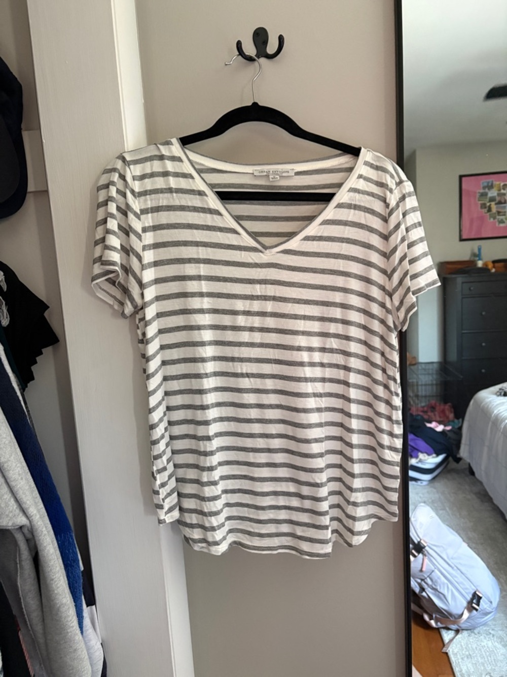 TJ Maxx Women's Gray & White Striped V-Neck Tee